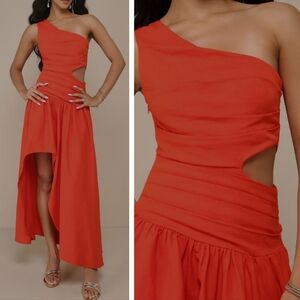 Lulus Cotton Linen One‎ Shoulder Cutout Pleated High Low A-line Slit Midi Dress